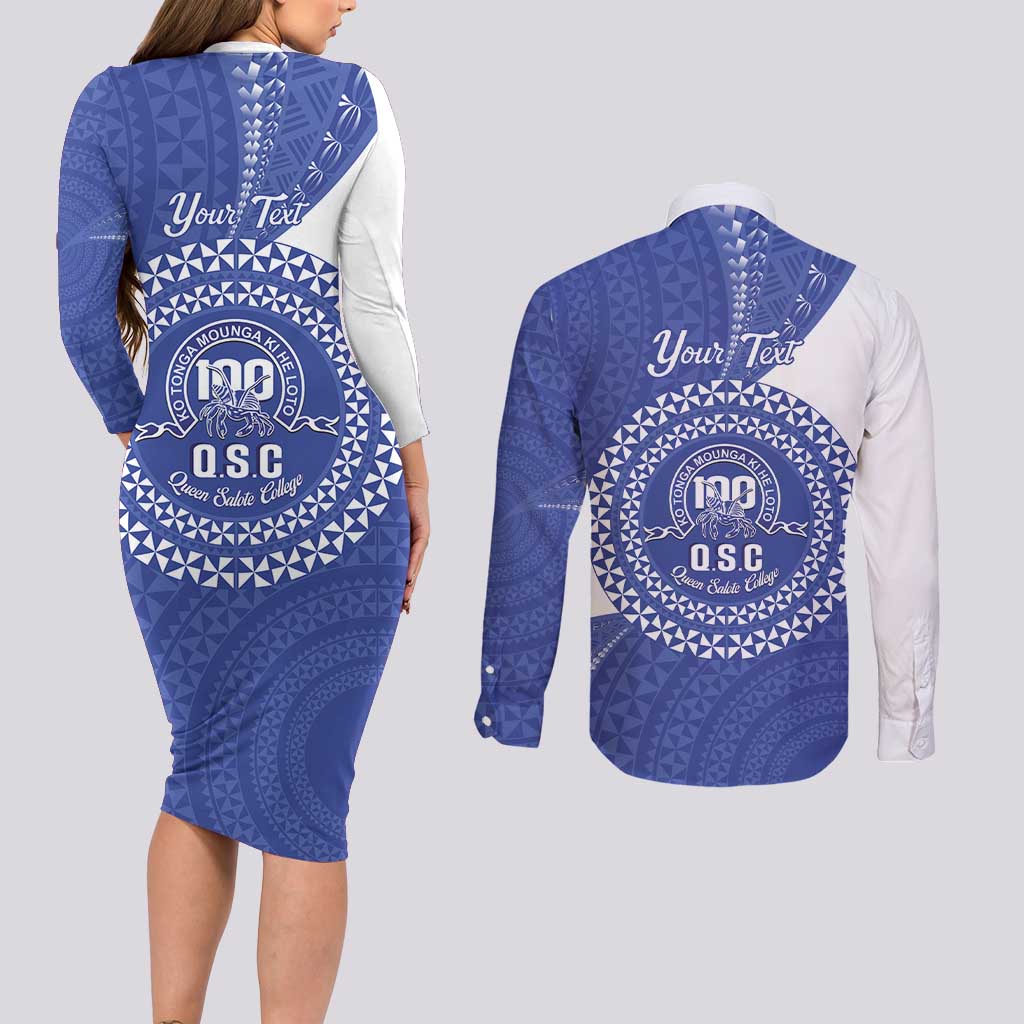 Queen Salote College 100th Anniversary Personalized Couples Matching Long Sleeve Bodycon Dress and Long Sleeve Button Shirt Est 1926 Kolisi Fefine Tongan Ngatu Pattern LT14 - Polynesian Pride