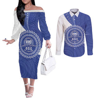 Queen Salote College 100th Anniversary Personalized Couples Matching Off The Shoulder Long Sleeve Dress and Long Sleeve Button Shirt Est 1926 Kolisi Fefine Tongan Ngatu Pattern LT14 Blue - Polynesian Pride