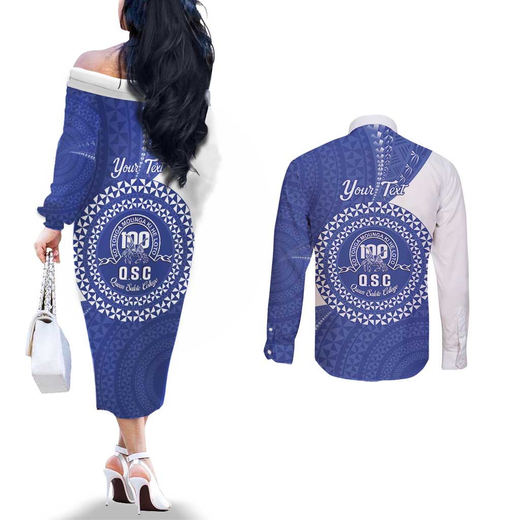 Queen Salote College 100th Anniversary Personalized Couples Matching Off The Shoulder Long Sleeve Dress and Long Sleeve Button Shirt Est 1926 Kolisi Fefine Tongan Ngatu Pattern LT14 - Polynesian Pride
