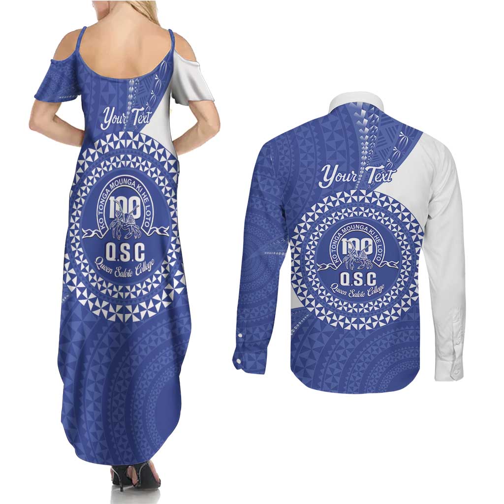 Queen Salote College 100th Anniversary Personalized Couples Matching Summer Maxi Dress and Long Sleeve Button Shirt Est 1926 Kolisi Fefine Tongan Ngatu Pattern