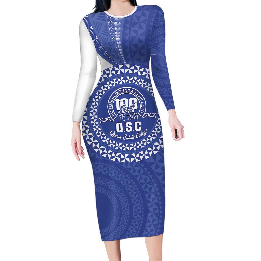 Queen Salote College 100th Anniversary Personalized Family Matching Long Sleeve Bodycon Dress and Hawaiian Shirt Est 1926 Kolisi Fefine Tongan Ngatu Pattern LT14 Mom's Dress Blue - Polynesian Pride