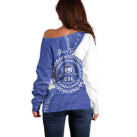 Queen Salote College 100th Anniversary Personalized Off Shoulder Sweater Est 1926 Kolisi Fefine Tongan Ngatu Pattern