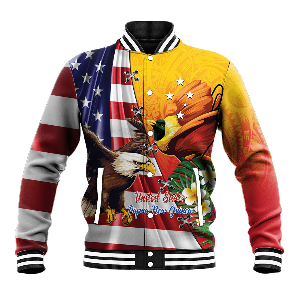 Personalised United States And Papua New Guinea Baseball Jacket USA Eagle With PNG Bird Of Paradise LT14 Unisex Red - Polynesian Pride