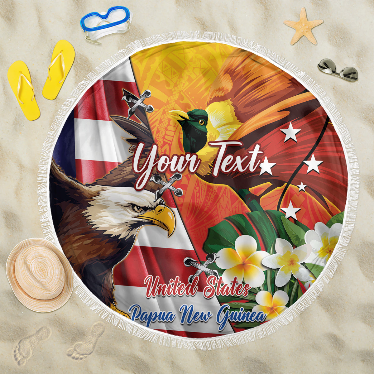 Personalised United States And Papua New Guinea Beach Blanket USA Eagle With PNG Bird Of Paradise LT14 One Size 150cm Red - Polynesian Pride