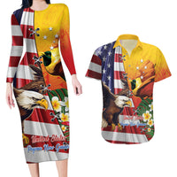 Personalised United States And Papua New Guinea Couples Matching Long Sleeve Bodycon Dress and Hawaiian Shirt USA Eagle With PNG Bird Of Paradise LT14 Red - Polynesian Pride