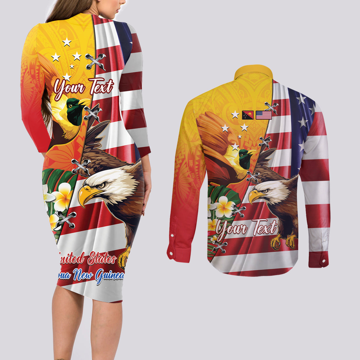 Personalised United States And Papua New Guinea Couples Matching Long Sleeve Bodycon Dress and Long Sleeve Button Shirt USA Eagle With PNG Bird Of Paradise LT14 - Polynesian Pride