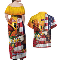 Personalised United States And Papua New Guinea Couples Matching Off Shoulder Maxi Dress and Hawaiian Shirt USA Eagle With PNG Bird Of Paradise LT14 - Polynesian Pride