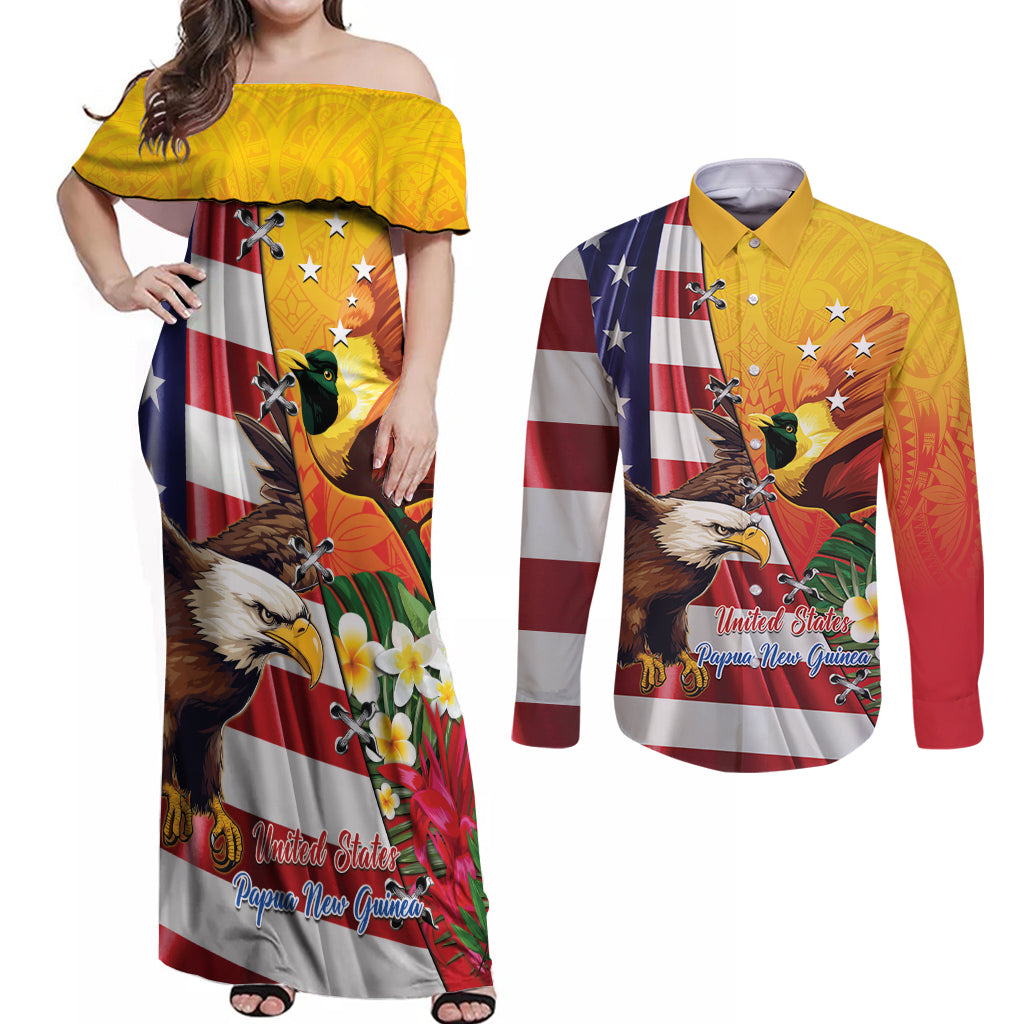 Personalised United States And Papua New Guinea Couples Matching Off Shoulder Maxi Dress and Long Sleeve Button Shirt USA Eagle With PNG Bird Of Paradise LT14 Red - Polynesian Pride