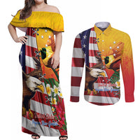Personalised United States And Papua New Guinea Couples Matching Off Shoulder Maxi Dress and Long Sleeve Button Shirt USA Eagle With PNG Bird Of Paradise LT14 Red - Polynesian Pride