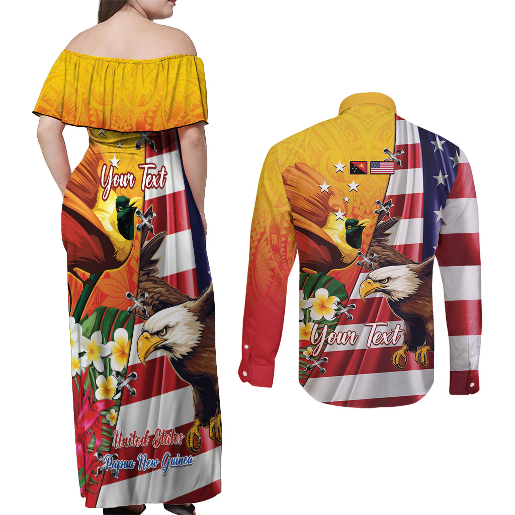 Personalised United States And Papua New Guinea Couples Matching Off Shoulder Maxi Dress and Long Sleeve Button Shirt USA Eagle With PNG Bird Of Paradise LT14 - Polynesian Pride