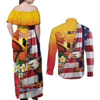 Personalised United States And Papua New Guinea Couples Matching Off Shoulder Maxi Dress and Long Sleeve Button Shirt USA Eagle With PNG Bird Of Paradise LT14 - Polynesian Pride