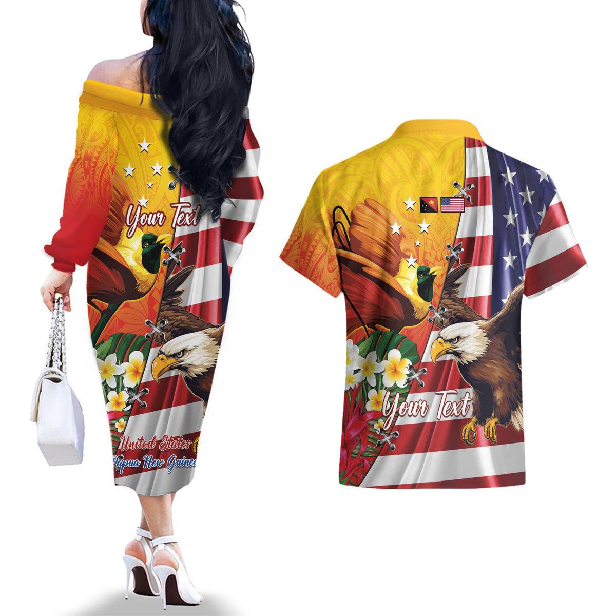 Personalised United States And Papua New Guinea Couples Matching Off The Shoulder Long Sleeve Dress and Hawaiian Shirt USA Eagle With PNG Bird Of Paradise LT14 - Polynesian Pride