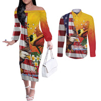Personalised United States And Papua New Guinea Couples Matching Off The Shoulder Long Sleeve Dress and Long Sleeve Button Shirt USA Eagle With PNG Bird Of Paradise LT14 Red - Polynesian Pride