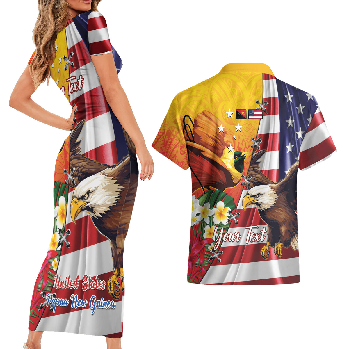 Personalised United States And Papua New Guinea Couples Matching Short Sleeve Bodycon Dress and Hawaiian Shirt USA Eagle With PNG Bird Of Paradise LT14 - Polynesian Pride
