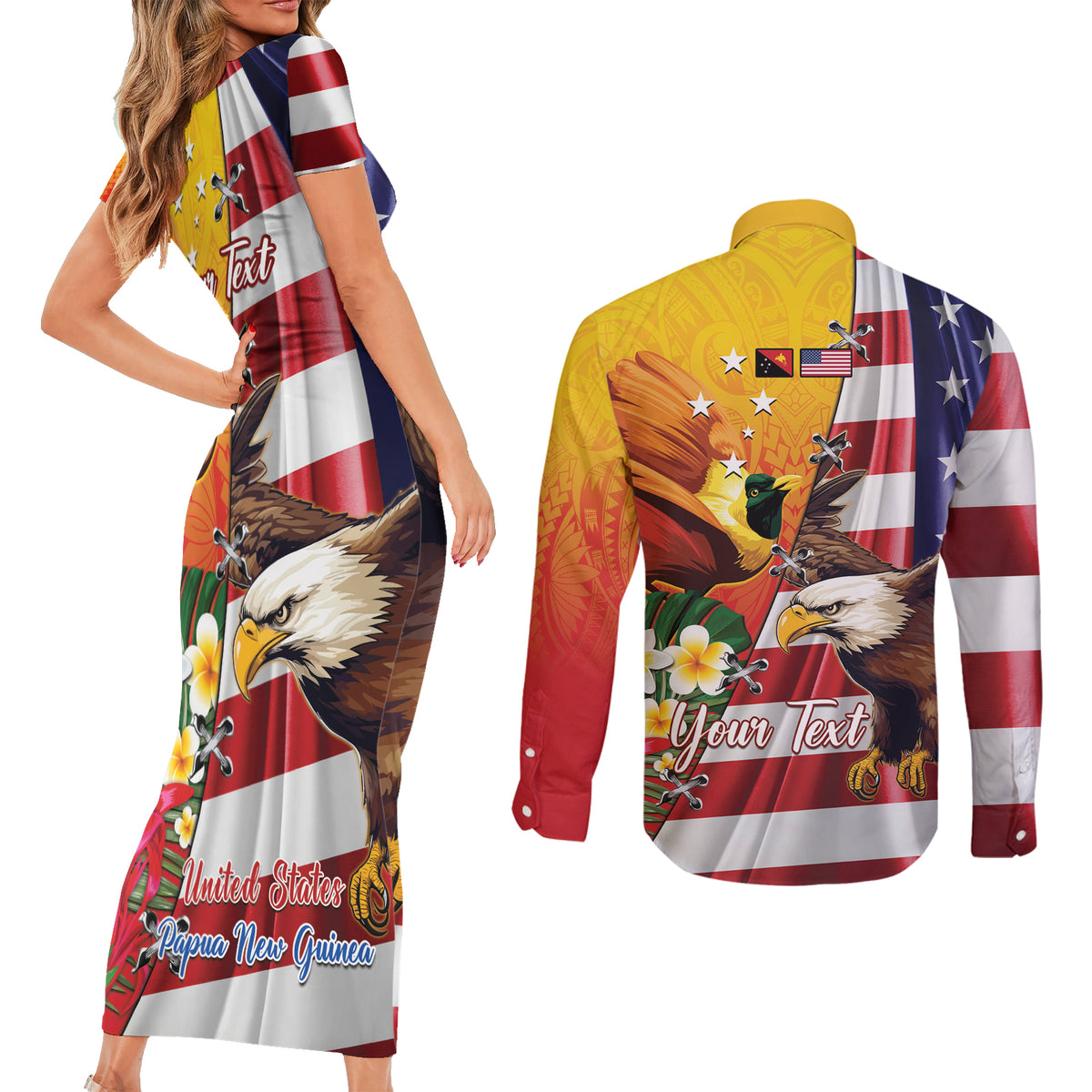 Personalised United States And Papua New Guinea Couples Matching Short Sleeve Bodycon Dress and Long Sleeve Button Shirt USA Eagle With PNG Bird Of Paradise LT14 - Polynesian Pride