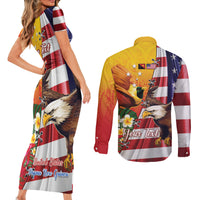 Personalised United States And Papua New Guinea Couples Matching Short Sleeve Bodycon Dress and Long Sleeve Button Shirt USA Eagle With PNG Bird Of Paradise LT14 - Polynesian Pride