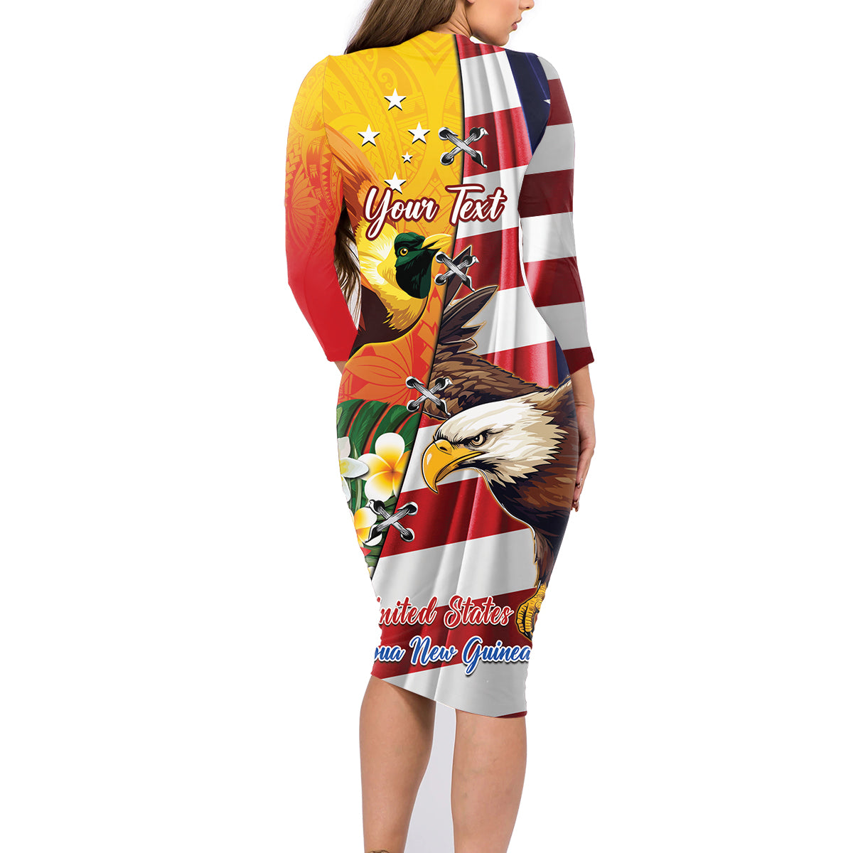 Personalised United States And Papua New Guinea Family Matching Long Sleeve Bodycon Dress and Hawaiian Shirt USA Eagle With PNG Bird Of Paradise LT14 - Polynesian Pride