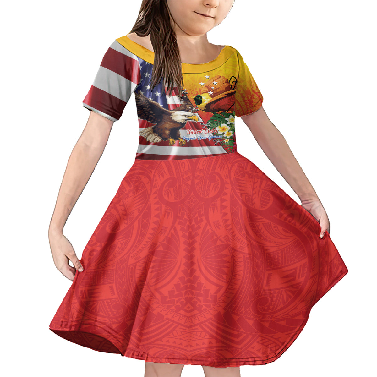 Personalised United States And Papua New Guinea Family Matching Mermaid Dress and Hawaiian Shirt USA Eagle With PNG Bird Of Paradise LT14 Daughter's Dress Red - Polynesian Pride