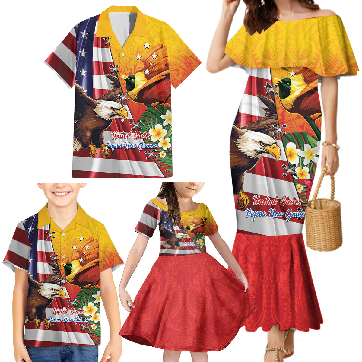 Personalised United States And Papua New Guinea Family Matching Mermaid Dress and Hawaiian Shirt USA Eagle With PNG Bird Of Paradise LT14 - Polynesian Pride