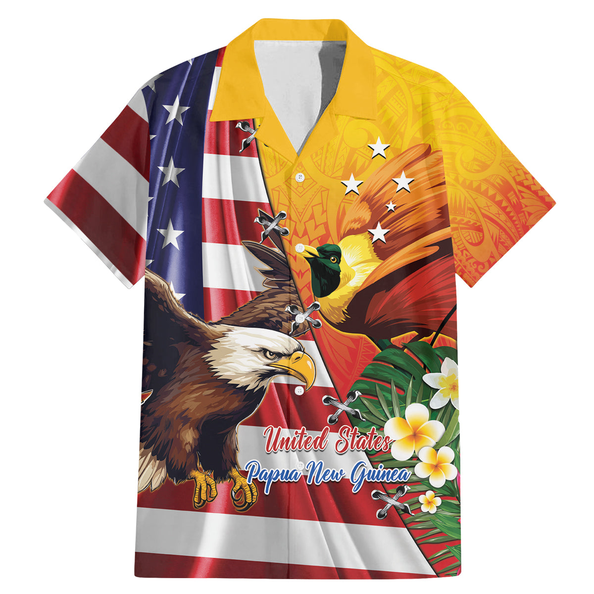 Personalised United States And Papua New Guinea Family Matching Mermaid Dress and Hawaiian Shirt USA Eagle With PNG Bird Of Paradise LT14 Dad's Shirt - Short Sleeve Red - Polynesian Pride