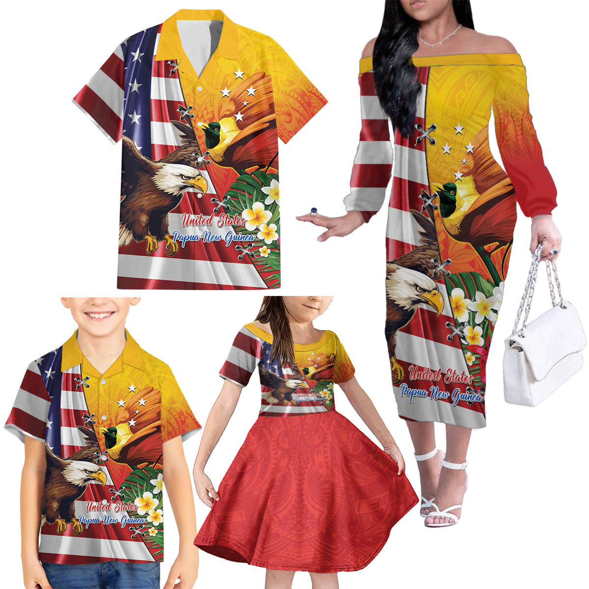 Personalised United States And Papua New Guinea Family Matching Off The Shoulder Long Sleeve Dress and Hawaiian Shirt USA Eagle With PNG Bird Of Paradise LT14 - Polynesian Pride