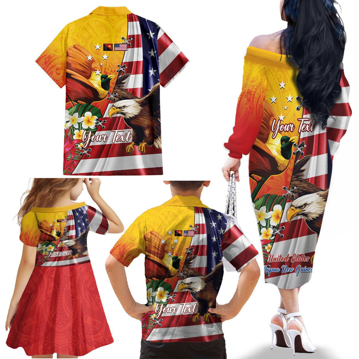 Personalised United States And Papua New Guinea Family Matching Off The Shoulder Long Sleeve Dress and Hawaiian Shirt USA Eagle With PNG Bird Of Paradise LT14 - Polynesian Pride