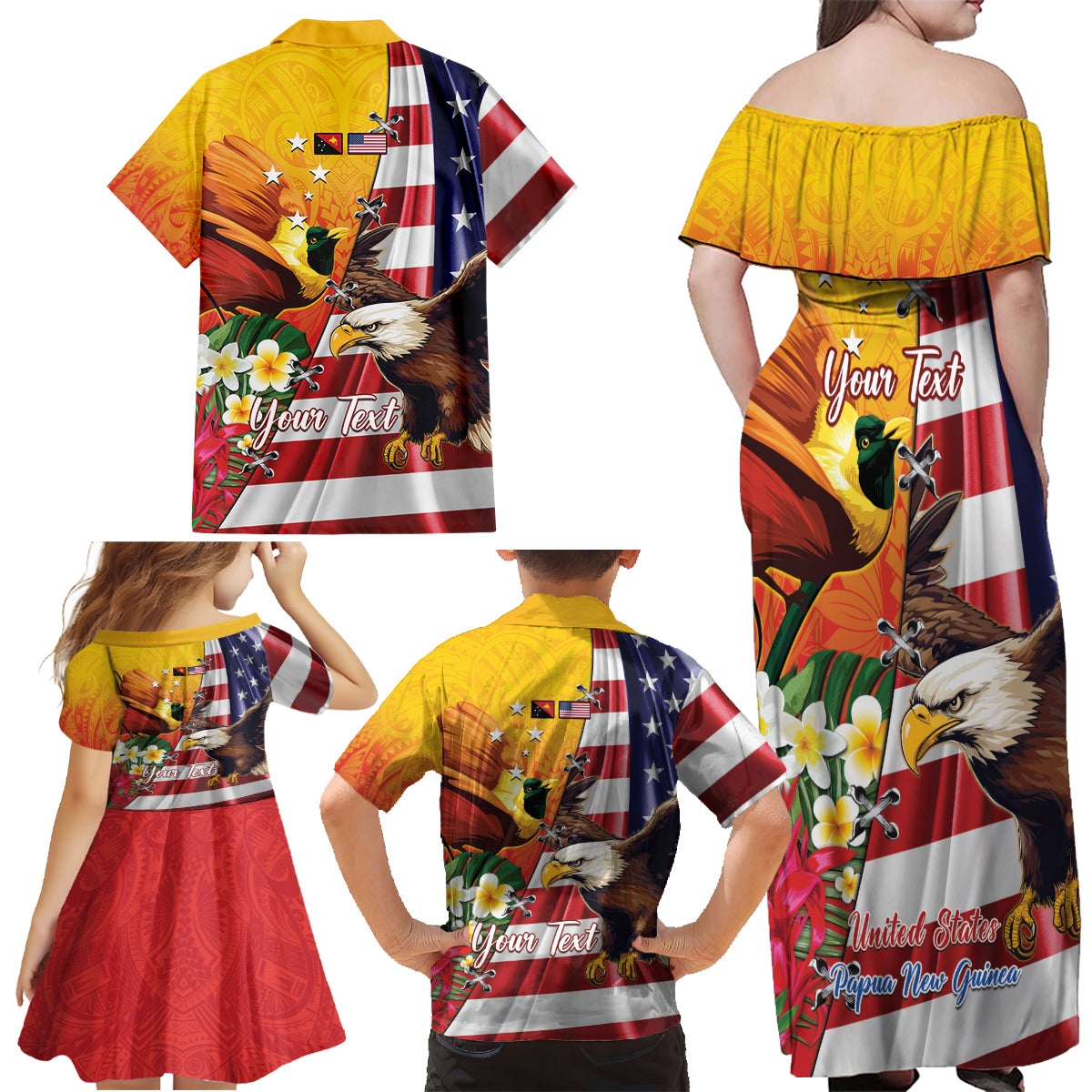 Personalised United States And Papua New Guinea Family Matching Off Shoulder Maxi Dress and Hawaiian Shirt USA Eagle With PNG Bird Of Paradise LT14 - Polynesian Pride
