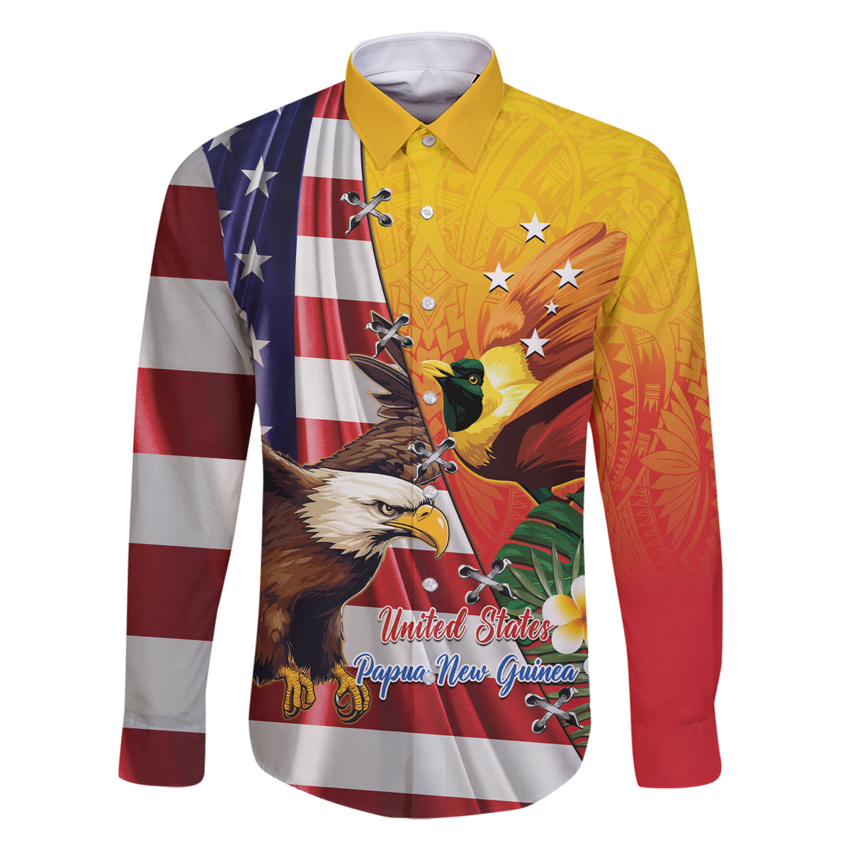 Personalised United States And Papua New Guinea Family Matching Off Shoulder Short Dress and Hawaiian Shirt USA Eagle With PNG Bird Of Paradise LT14 Dad's Shirt - Long Sleeve Red - Polynesian Pride