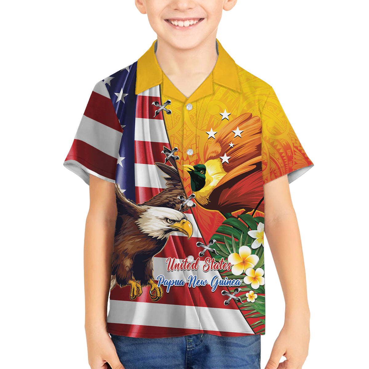 Personalised United States And Papua New Guinea Family Matching Off Shoulder Short Dress and Hawaiian Shirt USA Eagle With PNG Bird Of Paradise LT14 Son's Shirt Red - Polynesian Pride