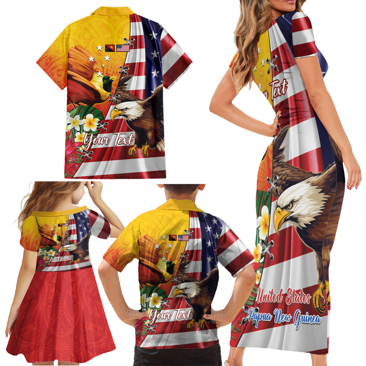 Personalised United States And Papua New Guinea Family Matching Short Sleeve Bodycon Dress and Hawaiian Shirt USA Eagle With PNG Bird Of Paradise LT14 - Polynesian Pride