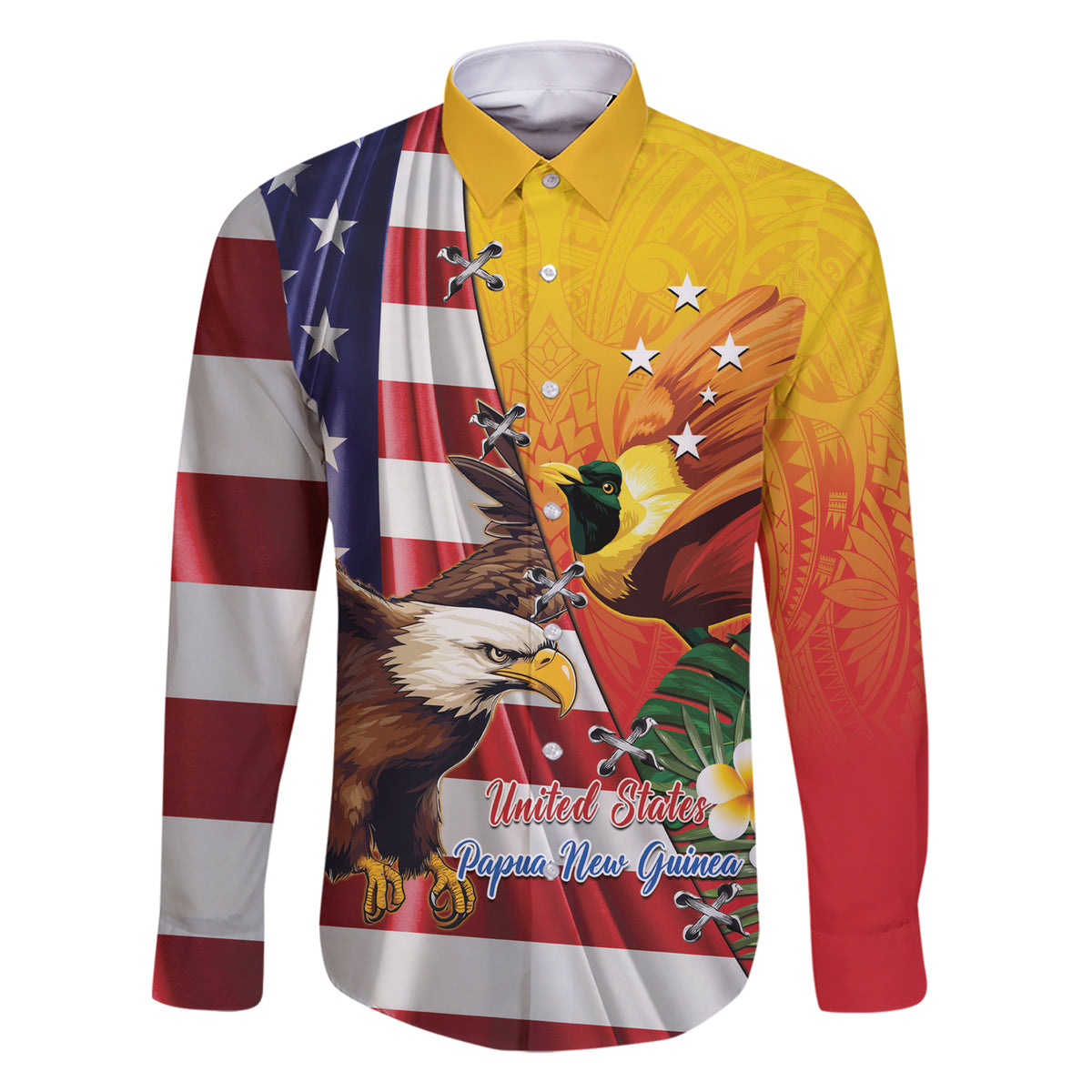 Personalised United States And Papua New Guinea Family Matching Short Sleeve Bodycon Dress and Hawaiian Shirt USA Eagle With PNG Bird Of Paradise LT14 Dad's Shirt - Long Sleeve Red - Polynesian Pride