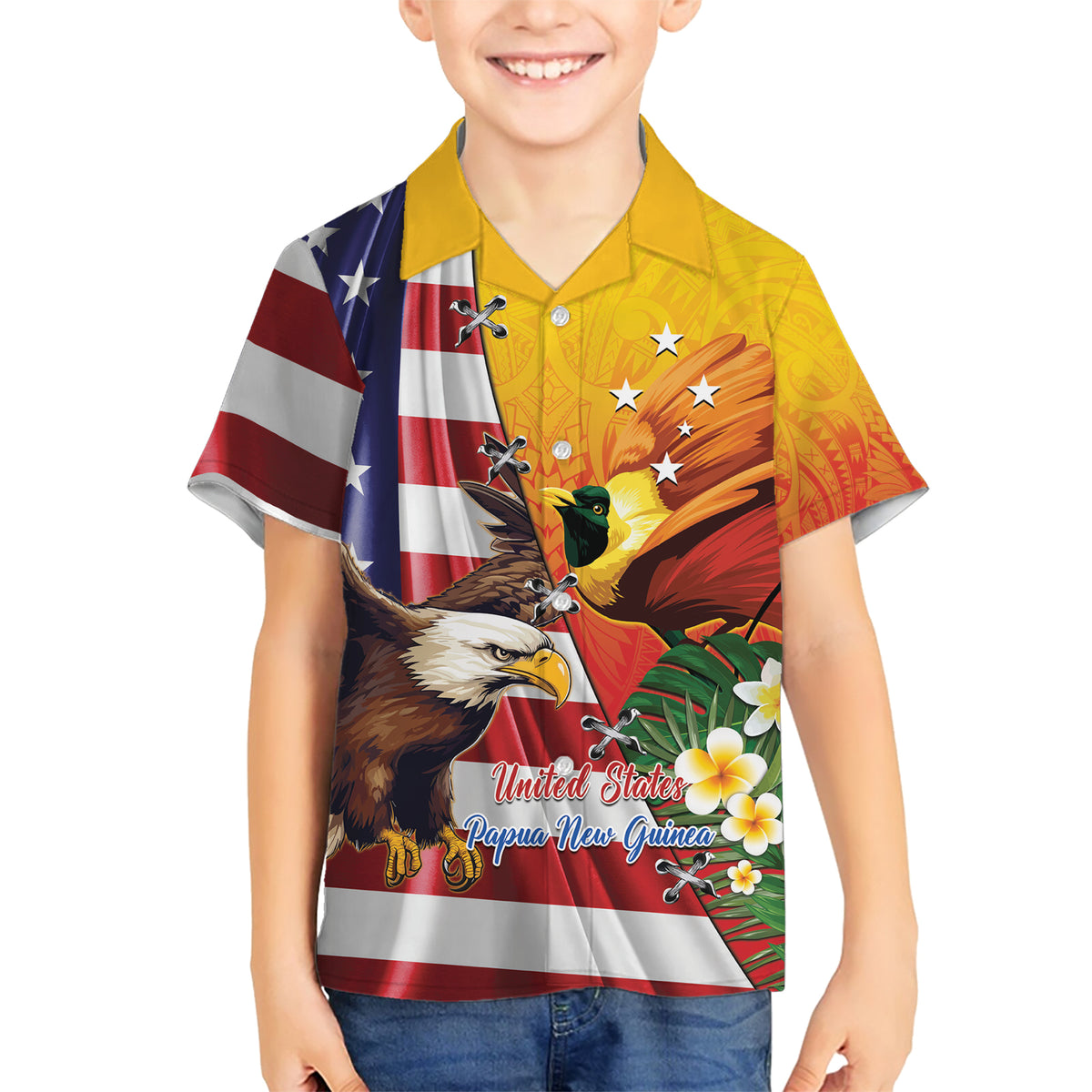 Personalised United States And Papua New Guinea Family Matching Short Sleeve Bodycon Dress and Hawaiian Shirt USA Eagle With PNG Bird Of Paradise LT14 Son's Shirt Red - Polynesian Pride
