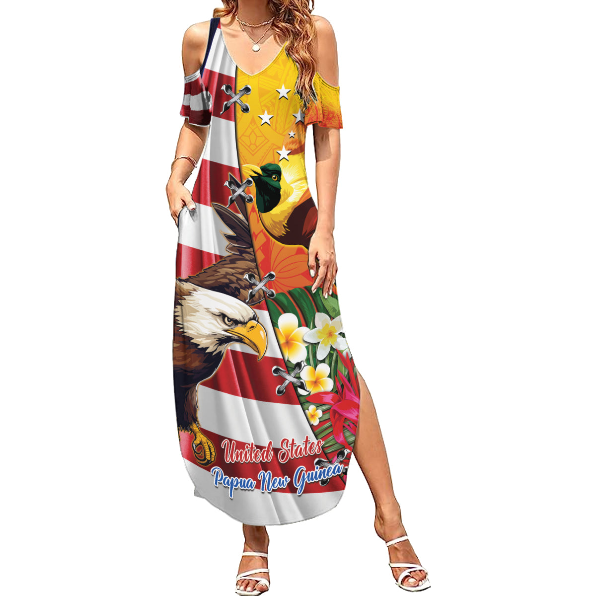 Personalised United States And Papua New Guinea Family Matching Summer Maxi Dress and Hawaiian Shirt USA Eagle With PNG Bird Of Paradise LT14 Mom's Dress Red - Polynesian Pride
