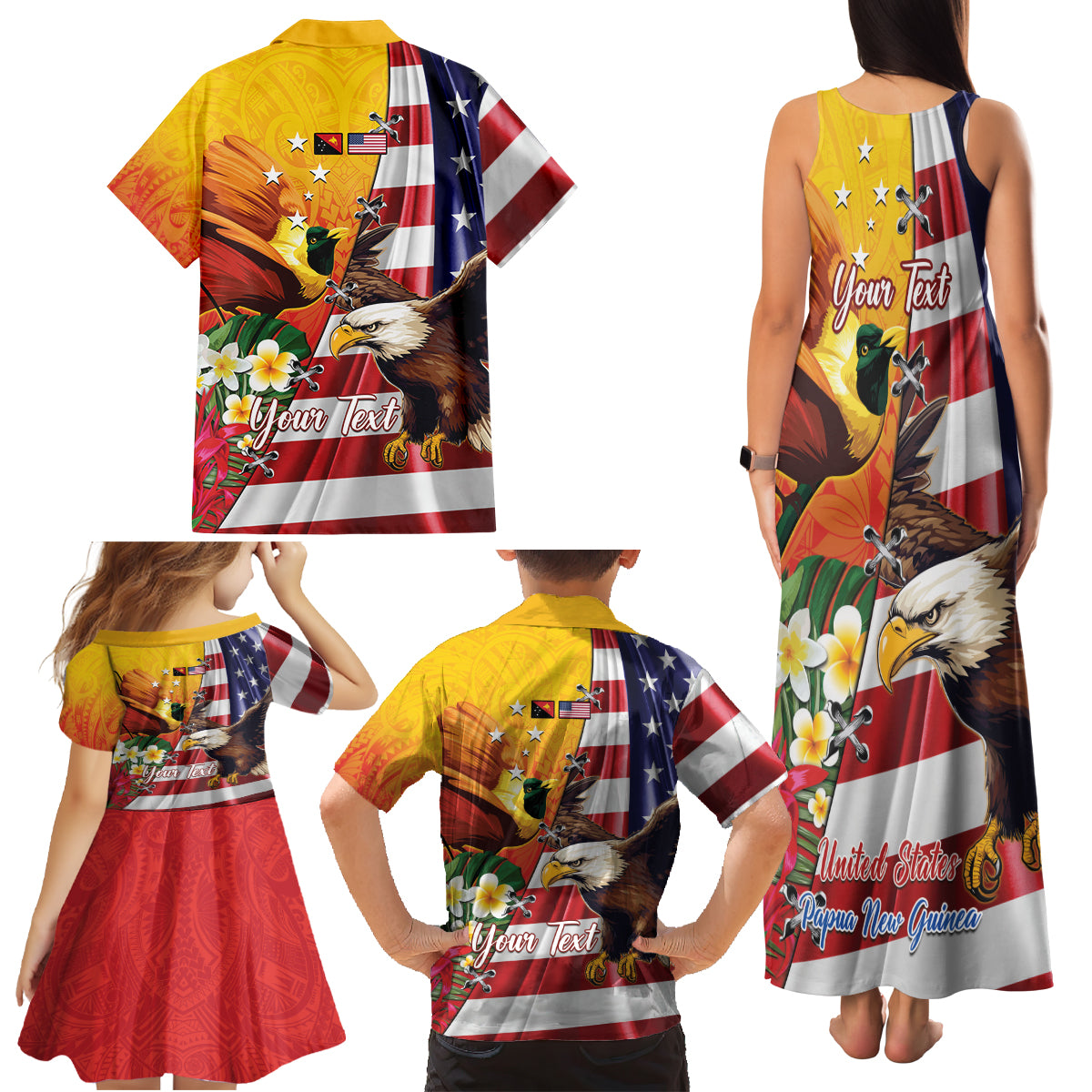 Personalised United States And Papua New Guinea Family Matching Tank Maxi Dress and Hawaiian Shirt USA Eagle With PNG Bird Of Paradise LT14 - Polynesian Pride