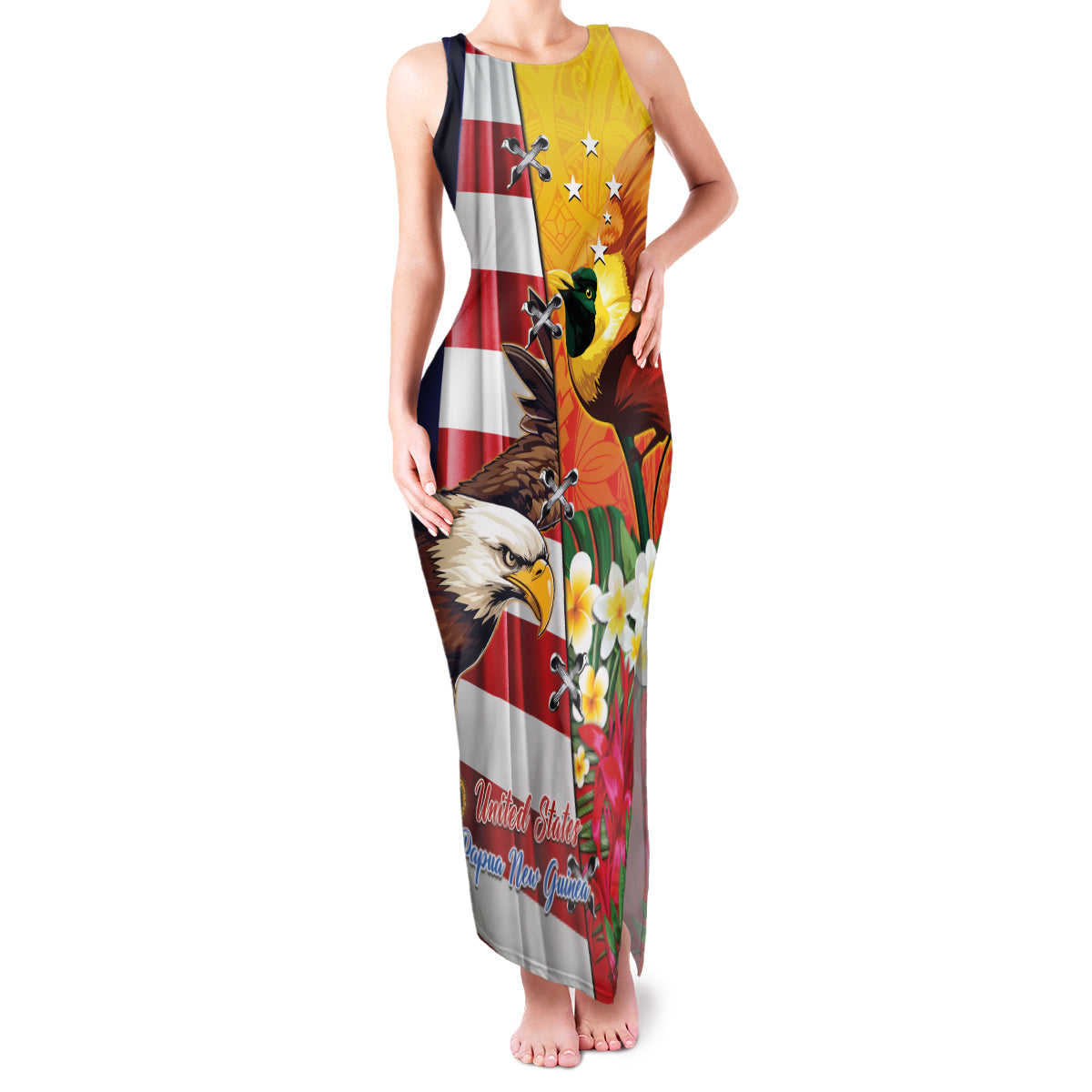 Personalised United States And Papua New Guinea Family Matching Tank Maxi Dress and Hawaiian Shirt USA Eagle With PNG Bird Of Paradise LT14 Mom's Dress Red - Polynesian Pride