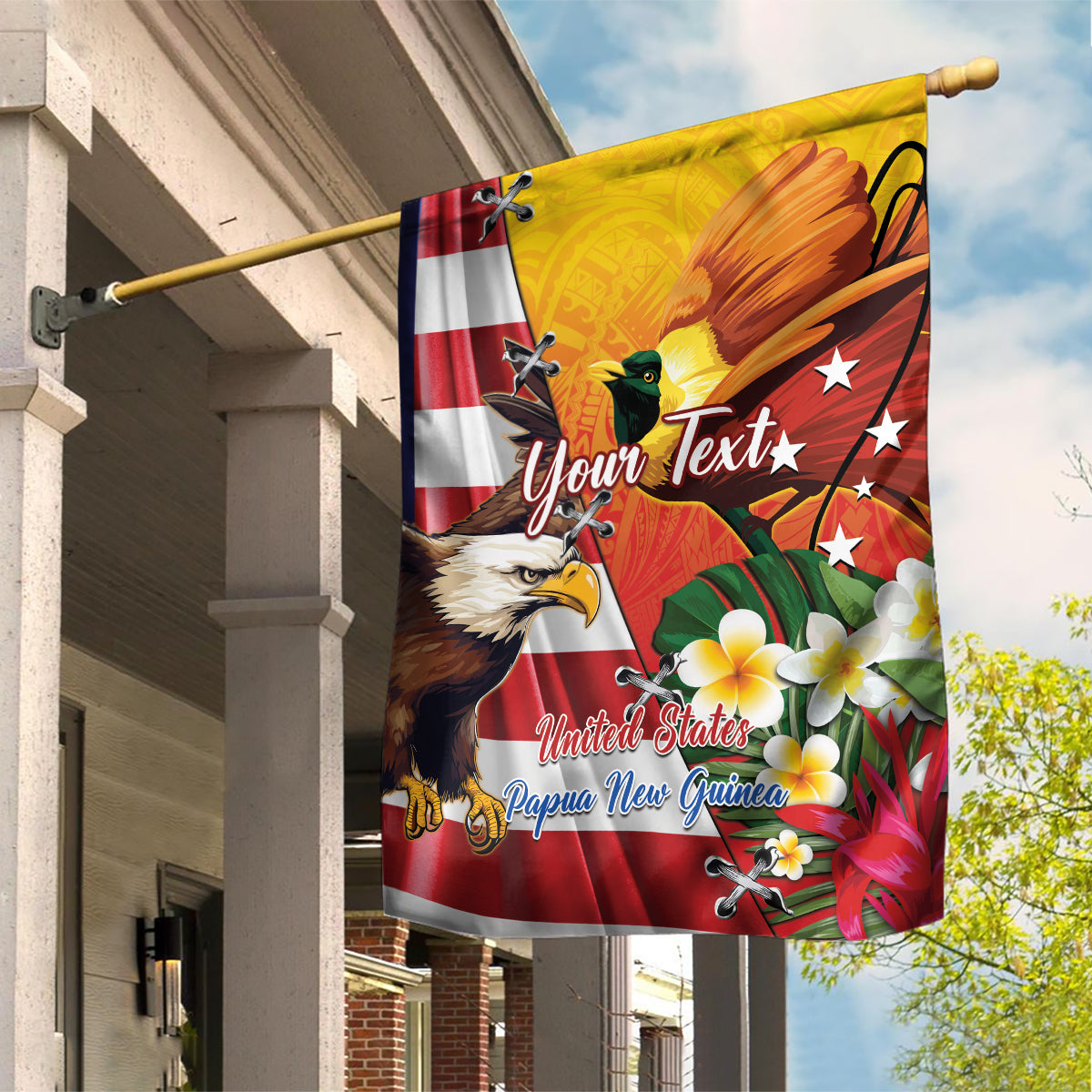 Personalised United States And Papua New Guinea Garden Flag USA Eagle With PNG Bird Of Paradise LT14 House Flag Red - Polynesian Pride