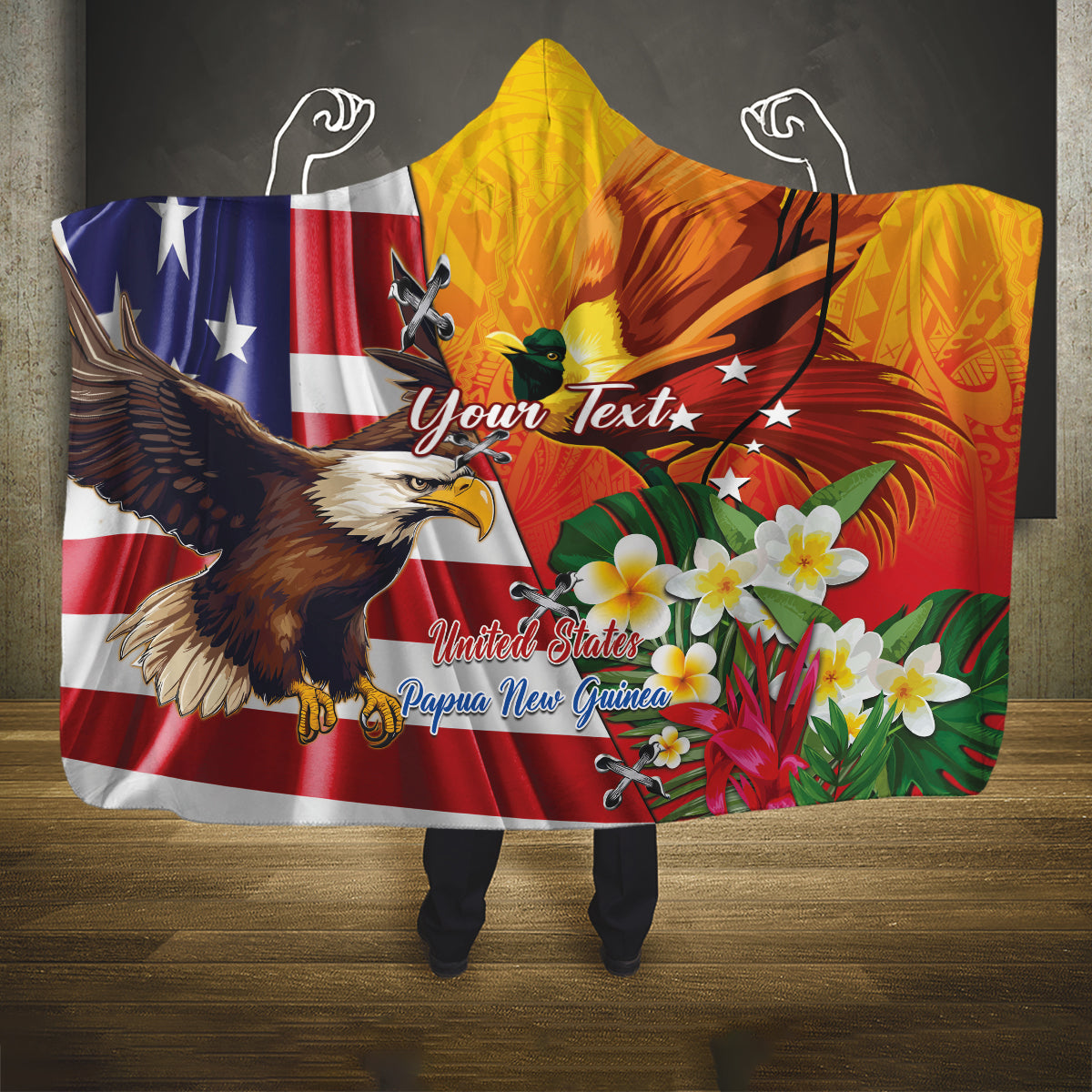 Personalised United States And Papua New Guinea Hooded Blanket USA Eagle With PNG Bird Of Paradise LT14 One Size Red - Polynesian Pride