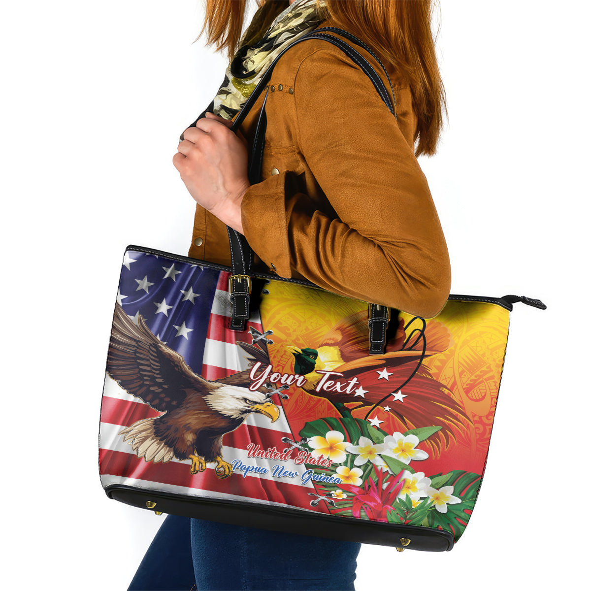 Personalised United States And Papua New Guinea Leather Tote Bag USA Eagle With PNG Bird Of Paradise LT14 Red - Polynesian Pride