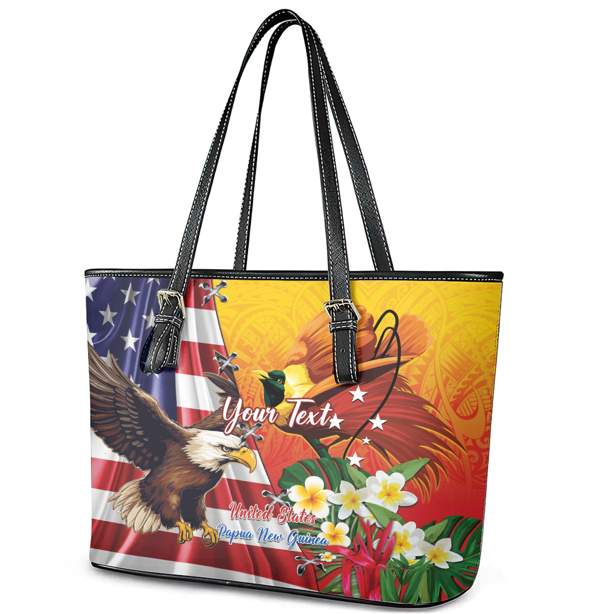 Personalised United States And Papua New Guinea Leather Tote Bag USA Eagle With PNG Bird Of Paradise LT14 - Polynesian Pride