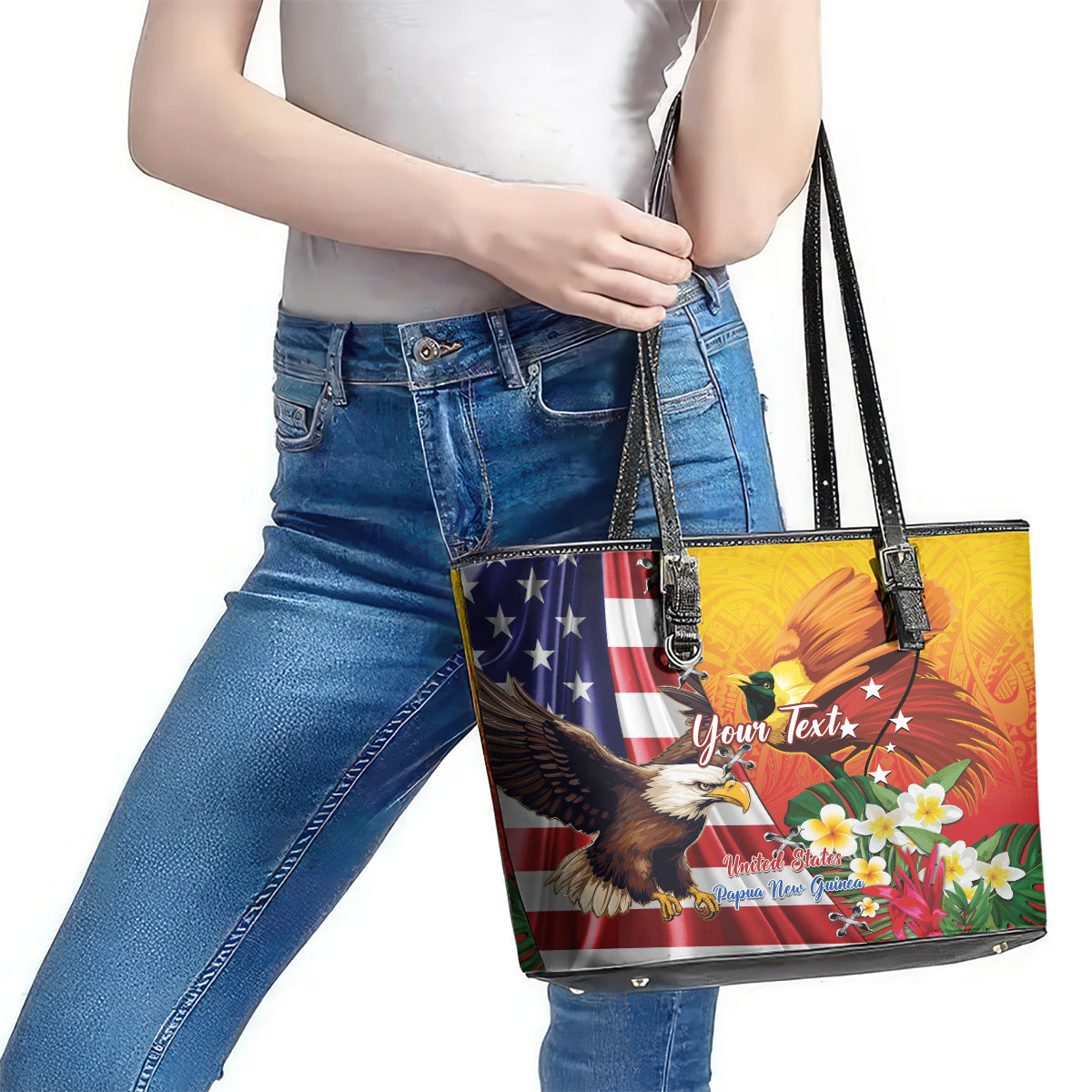 Personalised United States And Papua New Guinea Leather Tote Bag USA Eagle With PNG Bird Of Paradise LT14 - Polynesian Pride