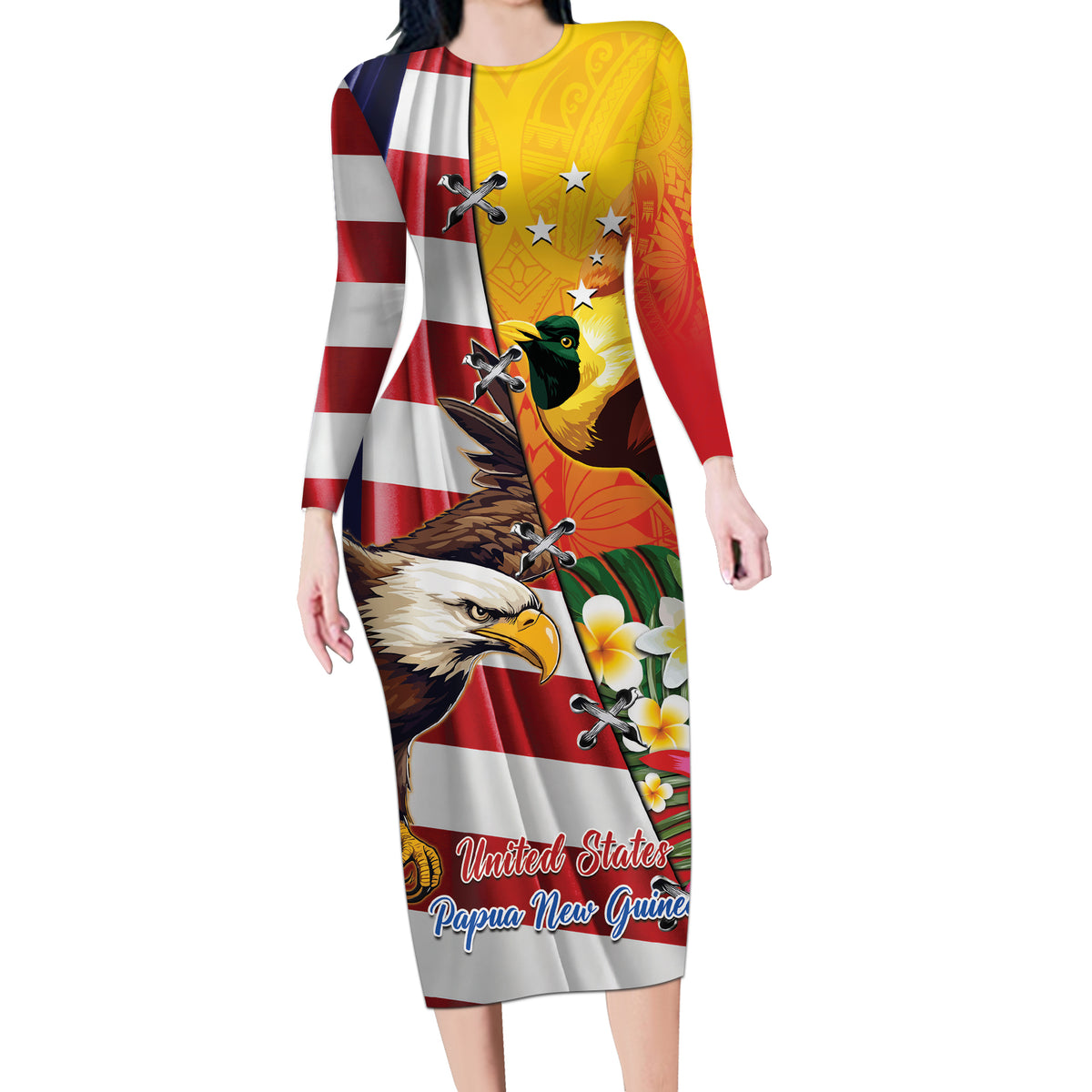 Personalised United States And Papua New Guinea Long Sleeve Bodycon Dress USA Eagle With PNG Bird Of Paradise LT14 Long Dress Red - Polynesian Pride