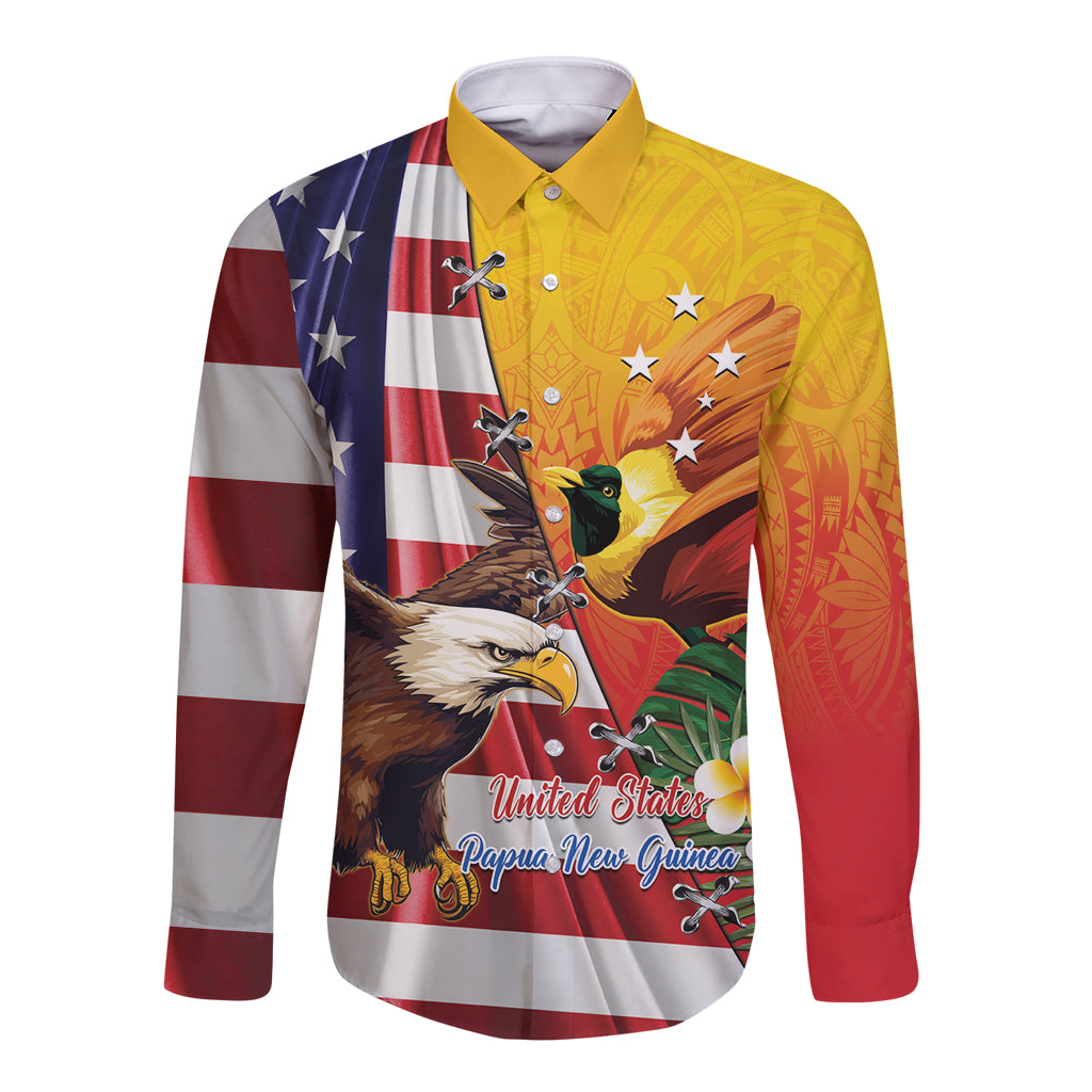 Personalised United States And Papua New Guinea Long Sleeve Button Shirt USA Eagle With PNG Bird Of Paradise LT14 Unisex Red - Polynesian Pride