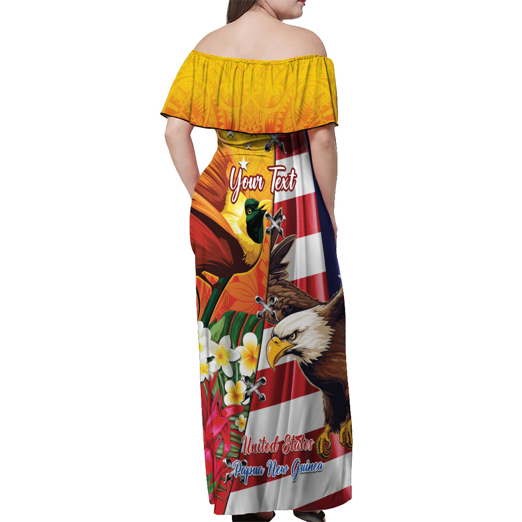 Personalised United States And Papua New Guinea Off Shoulder Maxi Dress USA Eagle With PNG Bird Of Paradise LT14 - Polynesian Pride