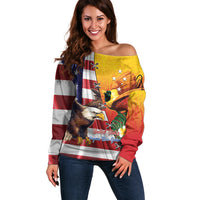 Personalised United States And Papua New Guinea Off Shoulder Sweater USA Eagle With PNG Bird Of Paradise LT14 Women Red - Polynesian Pride