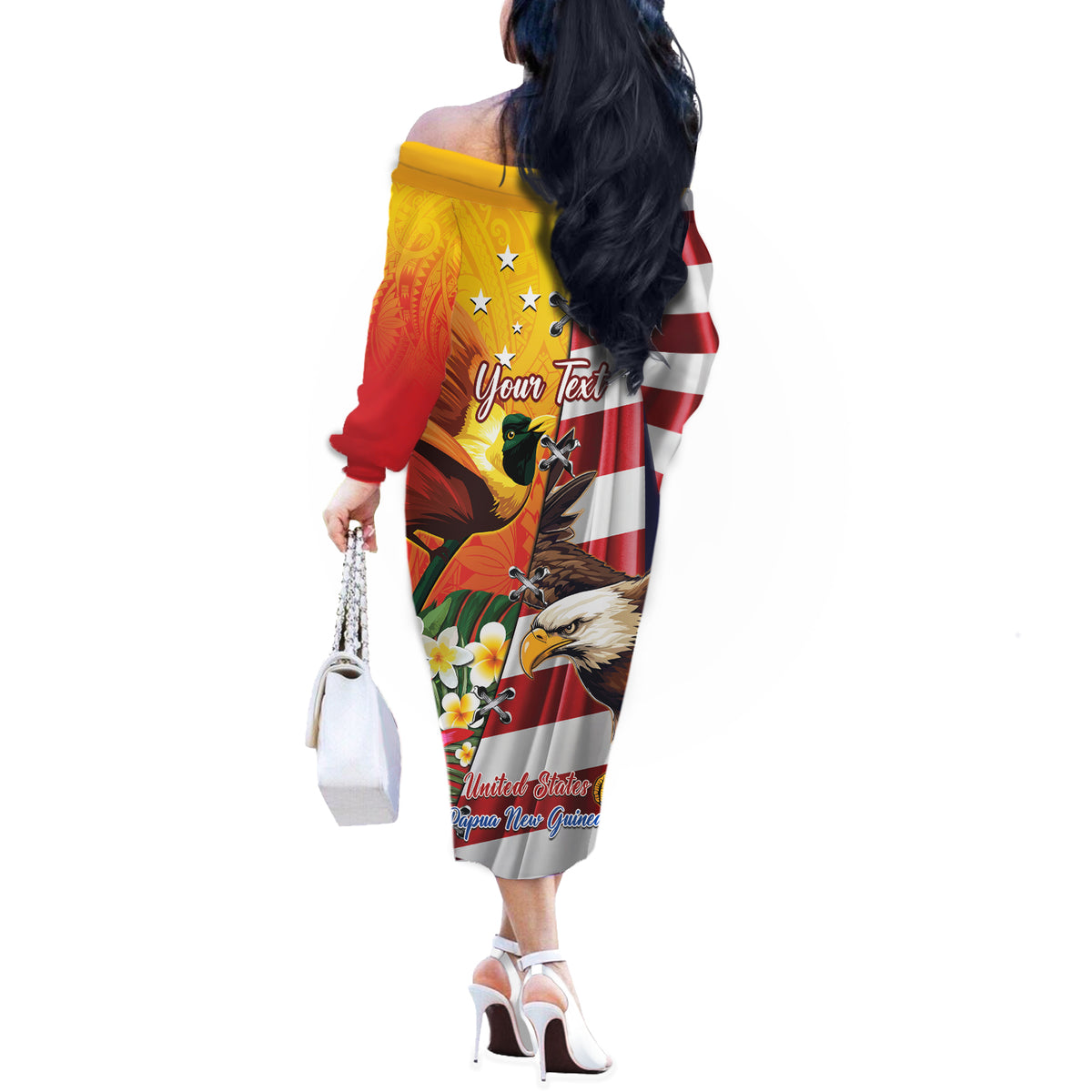 Personalised United States And Papua New Guinea Off The Shoulder Long Sleeve Dress USA Eagle With PNG Bird Of Paradise LT14 - Polynesian Pride