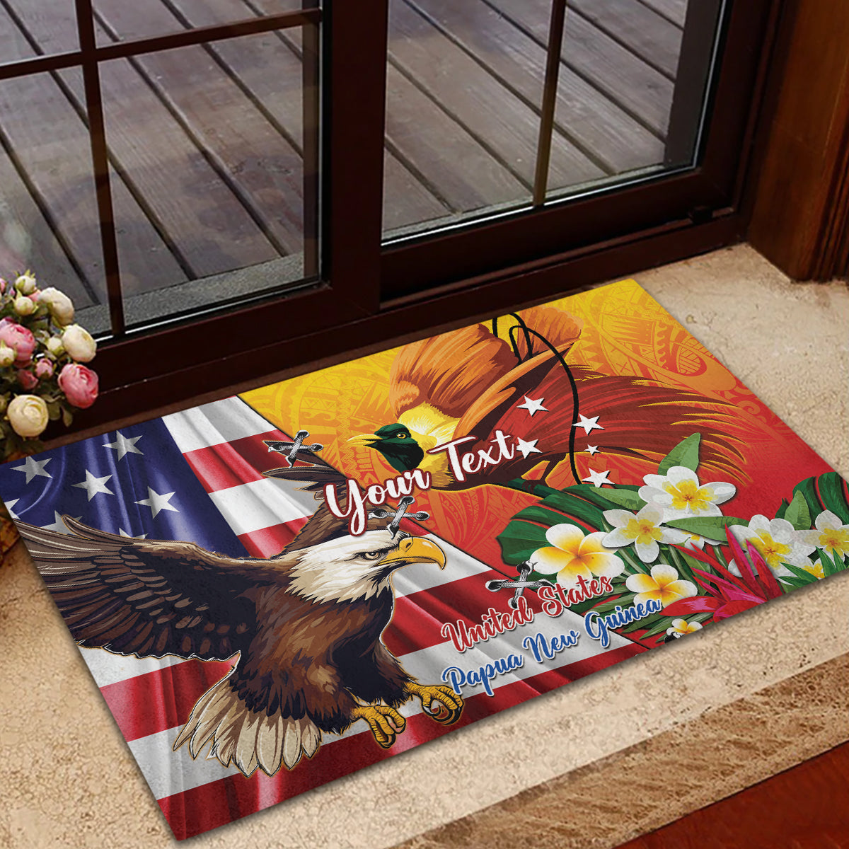 Personalised United States And Papua New Guinea Rubber Doormat USA Eagle With PNG Bird Of Paradise LT14 - Polynesian Pride