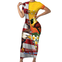 Personalised United States And Papua New Guinea Short Sleeve Bodycon Dress USA Eagle With PNG Bird Of Paradise LT14 Long Dress Red - Polynesian Pride