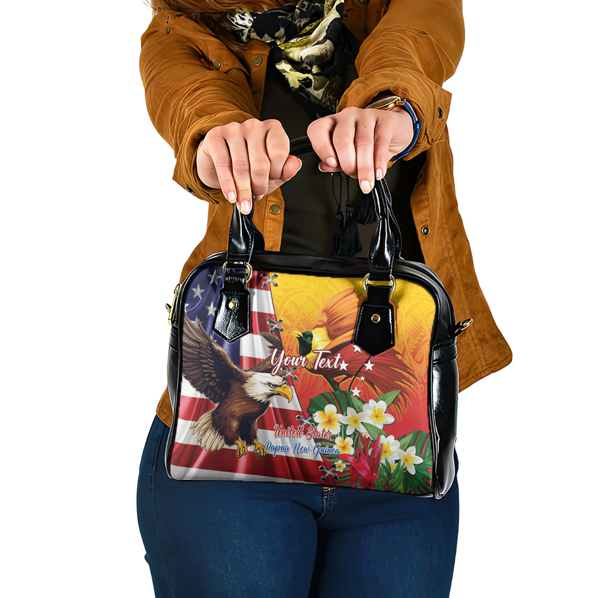 Personalised United States And Papua New Guinea Shoulder Handbag USA Eagle With PNG Bird Of Paradise LT14 One Size Red - Polynesian Pride