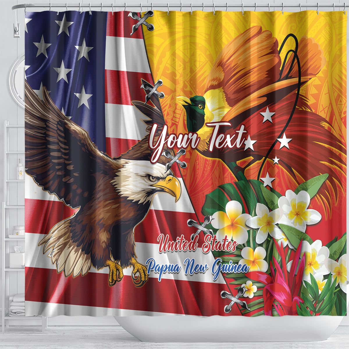 Personalised United States And Papua New Guinea Shower Curtain USA Eagle With PNG Bird Of Paradise LT14 - Polynesian Pride