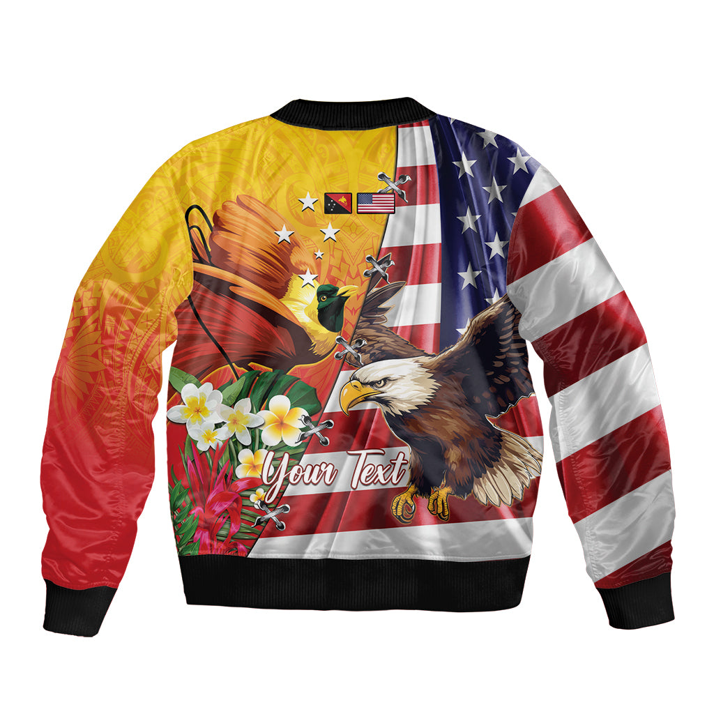 Personalised United States And Papua New Guinea Sleeve Zip Bomber Jacket USA Eagle With PNG Bird Of Paradise LT14 - Polynesian Pride